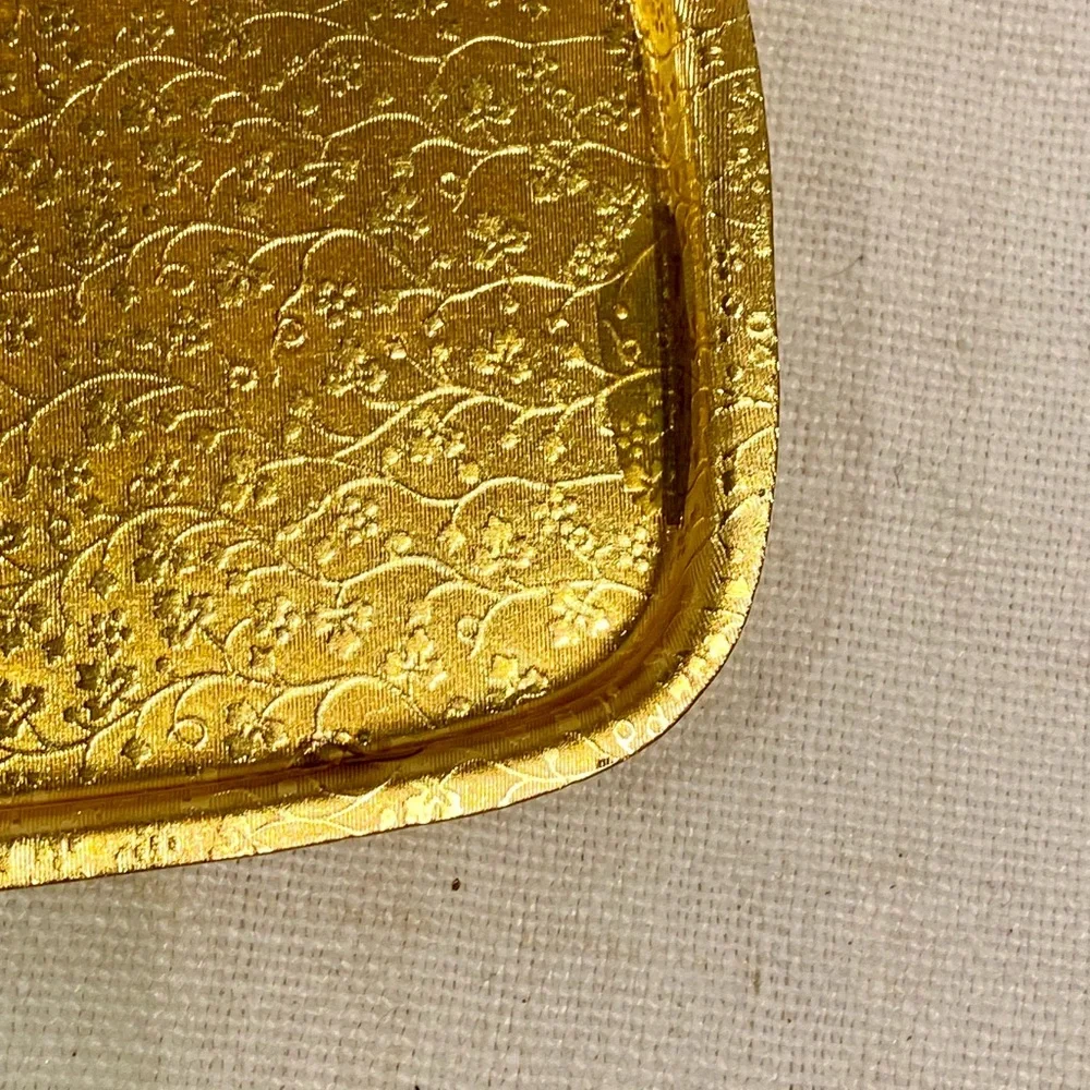 Vintage Gold Metal Rectangular Mini Tray with delicate leaf pattern.